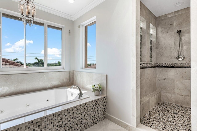 bathroom featuring tile patterned floors, plus walk in shower, an inviting chandelier, and ornamental molding