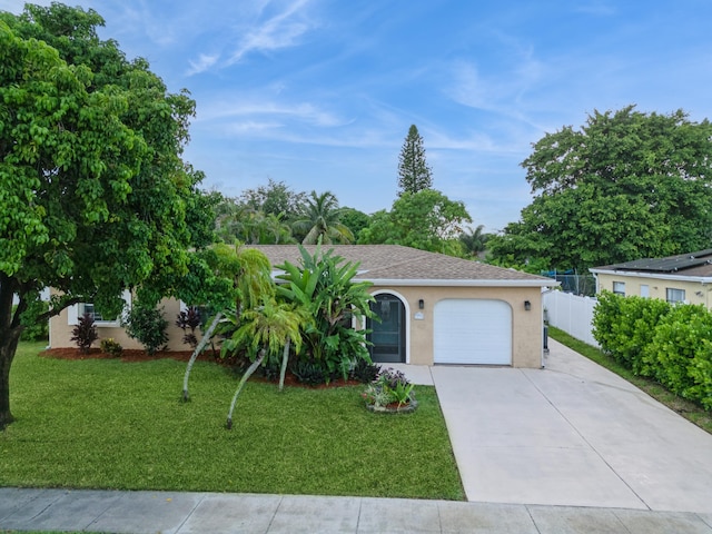 ranch-style home with a garage and a front yard