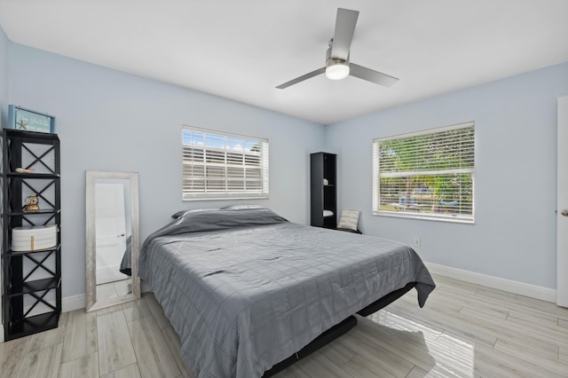 bedroom featuring ceiling fan, light wood-type flooring, and a closet