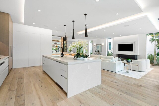 kitchen with sink, light hardwood / wood-style floors, a large island, and white cabinets