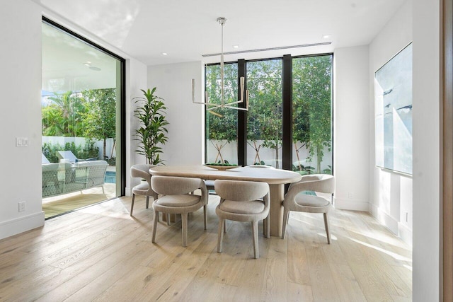 dining area with light hardwood / wood-style flooring and a wall of windows