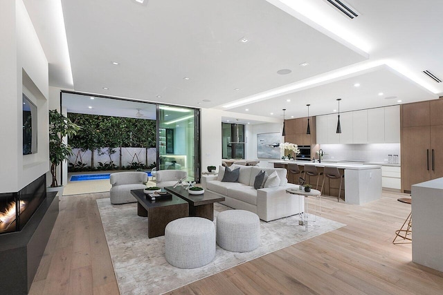 living room featuring sink and light hardwood / wood-style floors