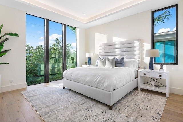 bedroom with a tray ceiling, light hardwood / wood-style flooring, and access to outside