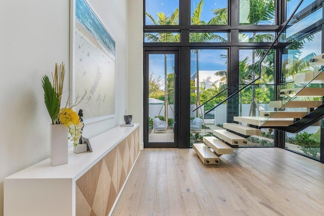 entryway with expansive windows, wood-type flooring, and a healthy amount of sunlight