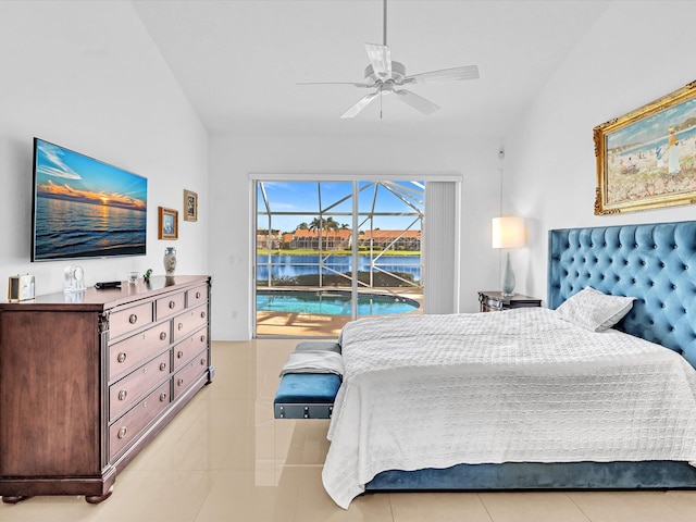 bedroom with ceiling fan and light tile patterned flooring