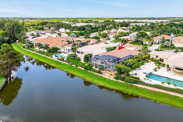 drone / aerial view featuring a water view