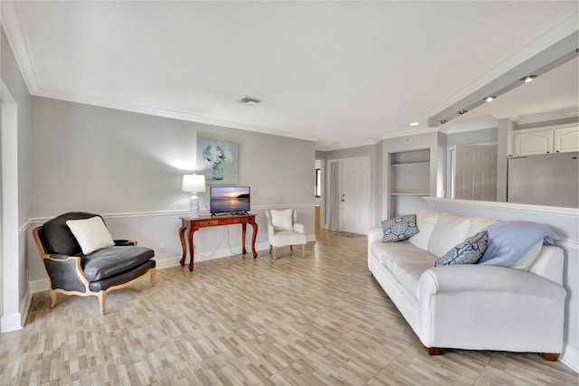 living room with crown molding