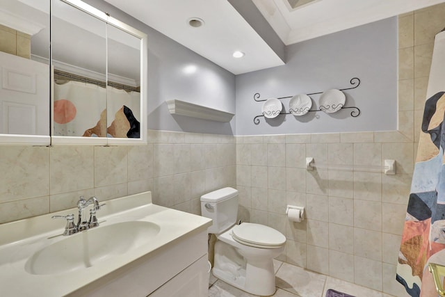 bathroom featuring tile walls, toilet, tile patterned floors, and vanity