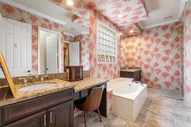 bathroom featuring vanity, ornamental molding, and a tub