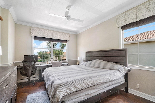 bedroom featuring crown molding, ceiling fan, and dark parquet floors