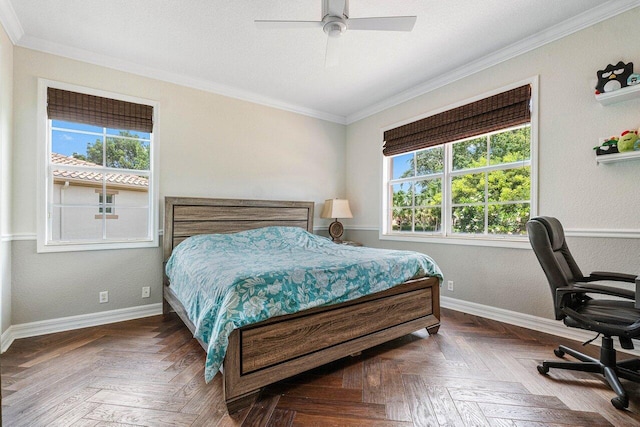 bedroom with crown molding, ceiling fan, dark parquet floors, and a textured ceiling