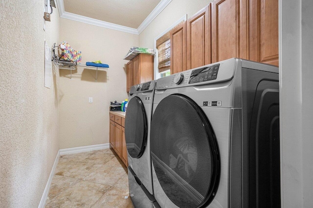 clothes washing area with separate washer and dryer, cabinets, ornamental molding, light tile patterned floors, and a textured ceiling