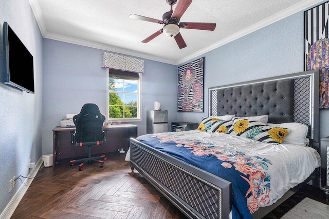 bedroom with ceiling fan, ornamental molding, dark parquet floors, and a textured ceiling