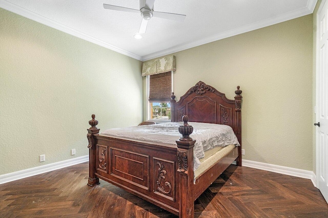 bedroom with crown molding, ceiling fan, and dark parquet flooring