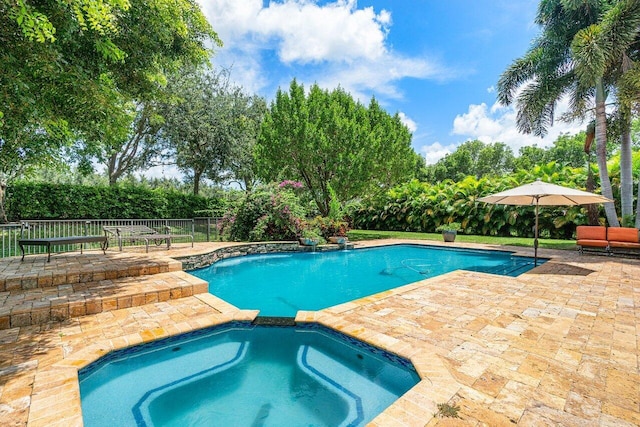 view of swimming pool with an in ground hot tub and a patio