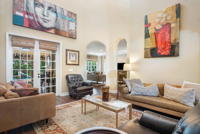 living room featuring dark wood-type flooring and french doors