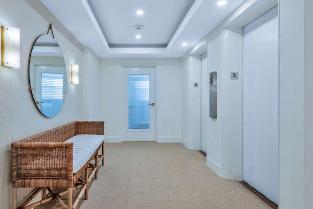 hallway featuring light carpet, elevator, a raised ceiling, and a healthy amount of sunlight