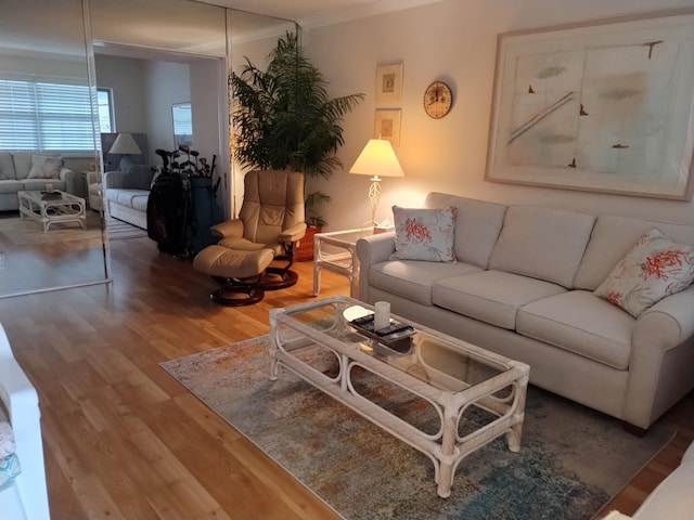 living room with crown molding and hardwood / wood-style flooring