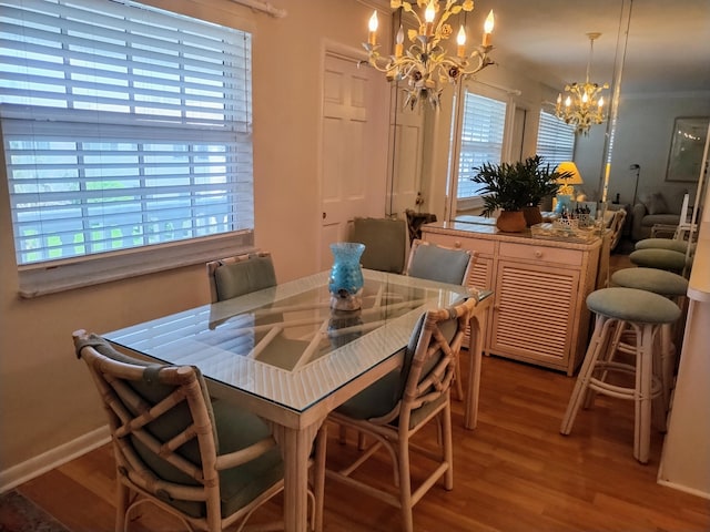 dining area with a chandelier and wood-type flooring