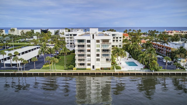 bird's eye view with a water view