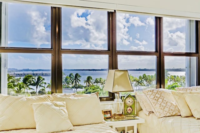 living room with a water view and a healthy amount of sunlight