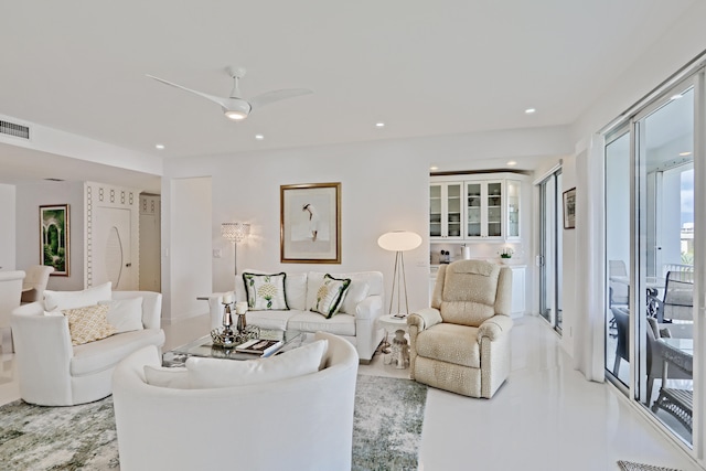 living room featuring ceiling fan