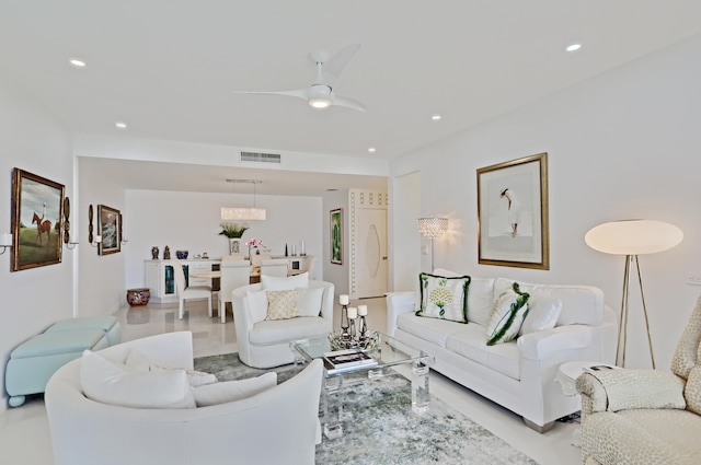 living room featuring ceiling fan