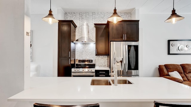 kitchen featuring wall chimney range hood, pendant lighting, tasteful backsplash, stainless steel appliances, and dark brown cabinets