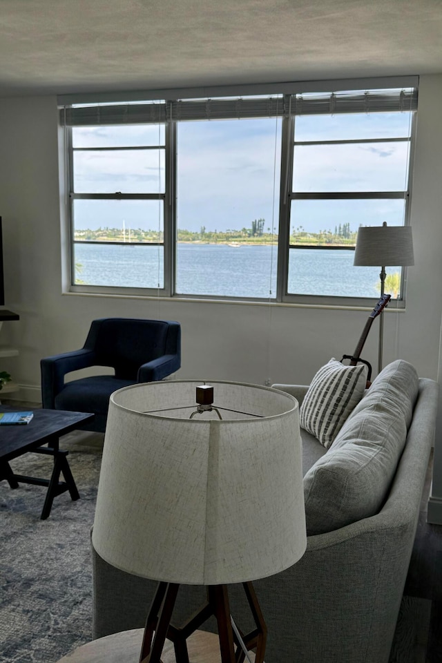 living room featuring a water view