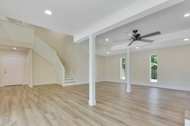 interior space with ceiling fan and light wood-type flooring