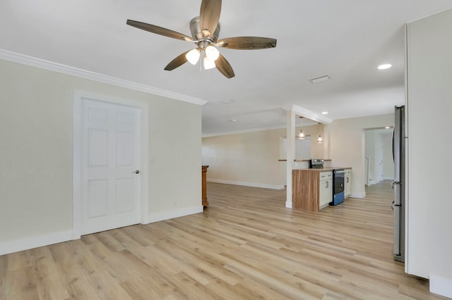 unfurnished living room with ornamental molding, ceiling fan, and light hardwood / wood-style flooring