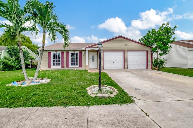 single story home with a garage and a front yard