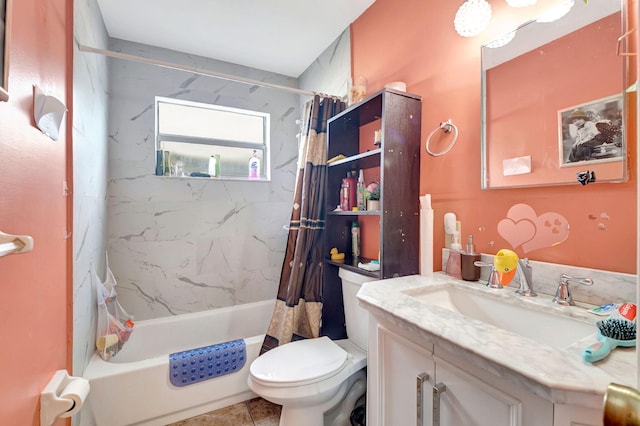 bathroom with toilet, shower / bath combination with curtain, and vanity