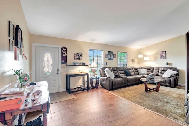 living room featuring lofted ceiling and wood finished floors