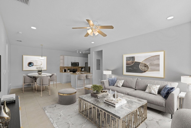 living room featuring electric panel and ceiling fan