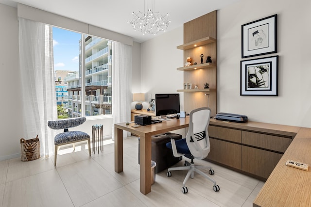 tiled office with an inviting chandelier