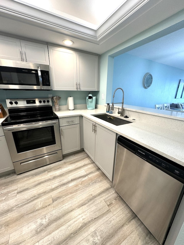 kitchen featuring appliances with stainless steel finishes, gray cabinets, light hardwood / wood-style flooring, and sink