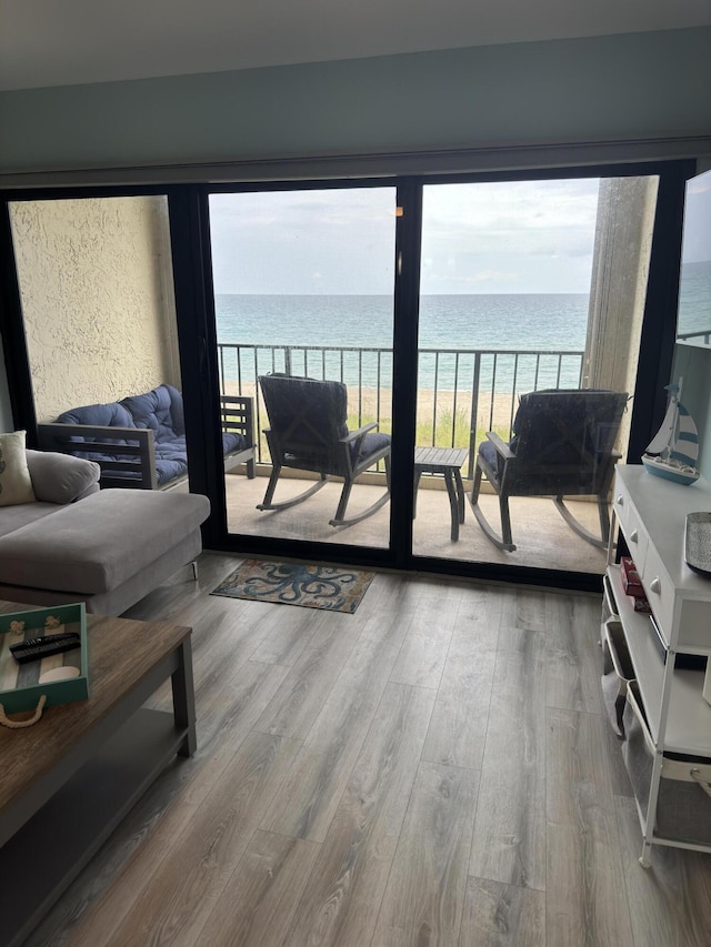 interior space featuring a water view and wood-type flooring