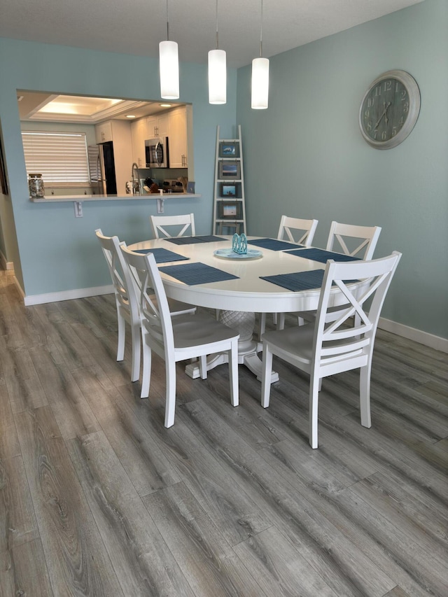 dining area featuring hardwood / wood-style flooring and a tray ceiling