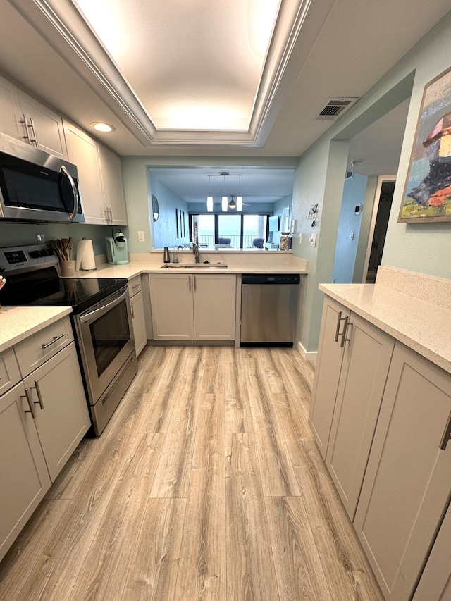 kitchen with light wood-type flooring, stainless steel appliances, a raised ceiling, sink, and gray cabinets