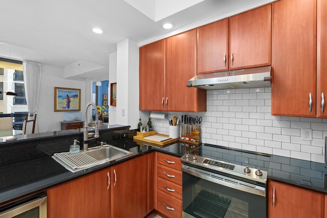 kitchen with dark countertops, under cabinet range hood, stainless steel electric stove, and a sink