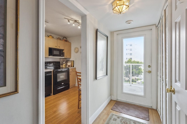 doorway to outside featuring light hardwood / wood-style floors and rail lighting