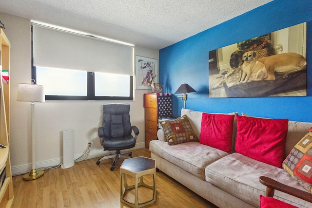 living room with light wood-type flooring and a textured ceiling