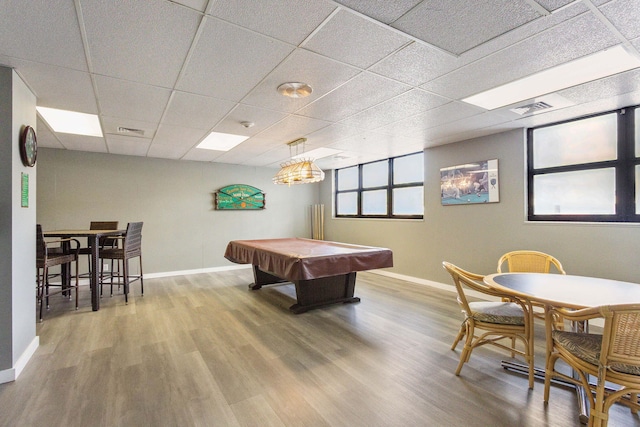 rec room featuring pool table, a paneled ceiling, and wood-type flooring