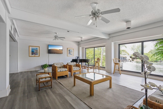 living room with beamed ceiling, hardwood / wood-style flooring, and a textured ceiling