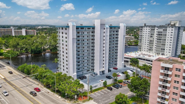 bird's eye view with a water view