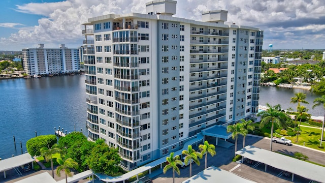 view of building exterior featuring a water view