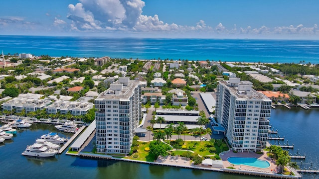 aerial view featuring a water view