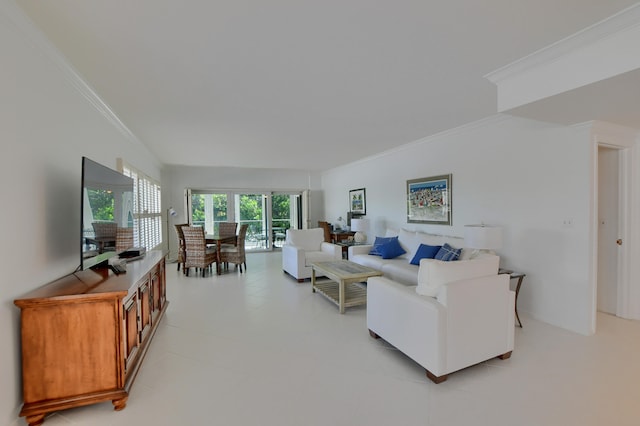 tiled living room with crown molding