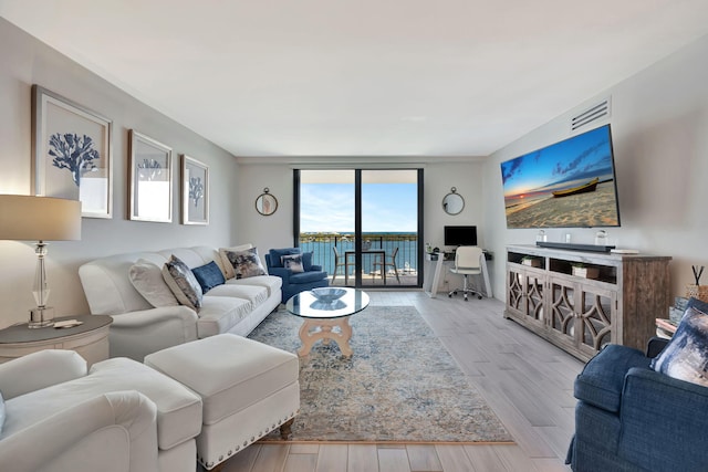 living room with expansive windows and light hardwood / wood-style floors